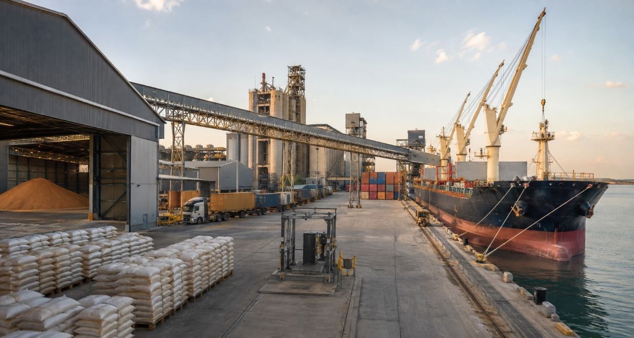 Global agricultural trade supply chain connecting warehouses, freight and international shipping